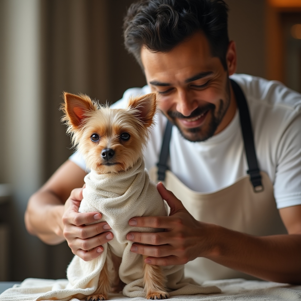Small anxious dog wrapped snugly in a towel for comfort during grooming