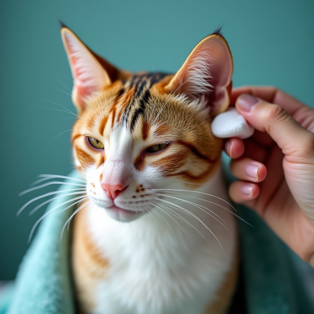 Groomer gently cleaning a cat's ear using a soft cotton pad