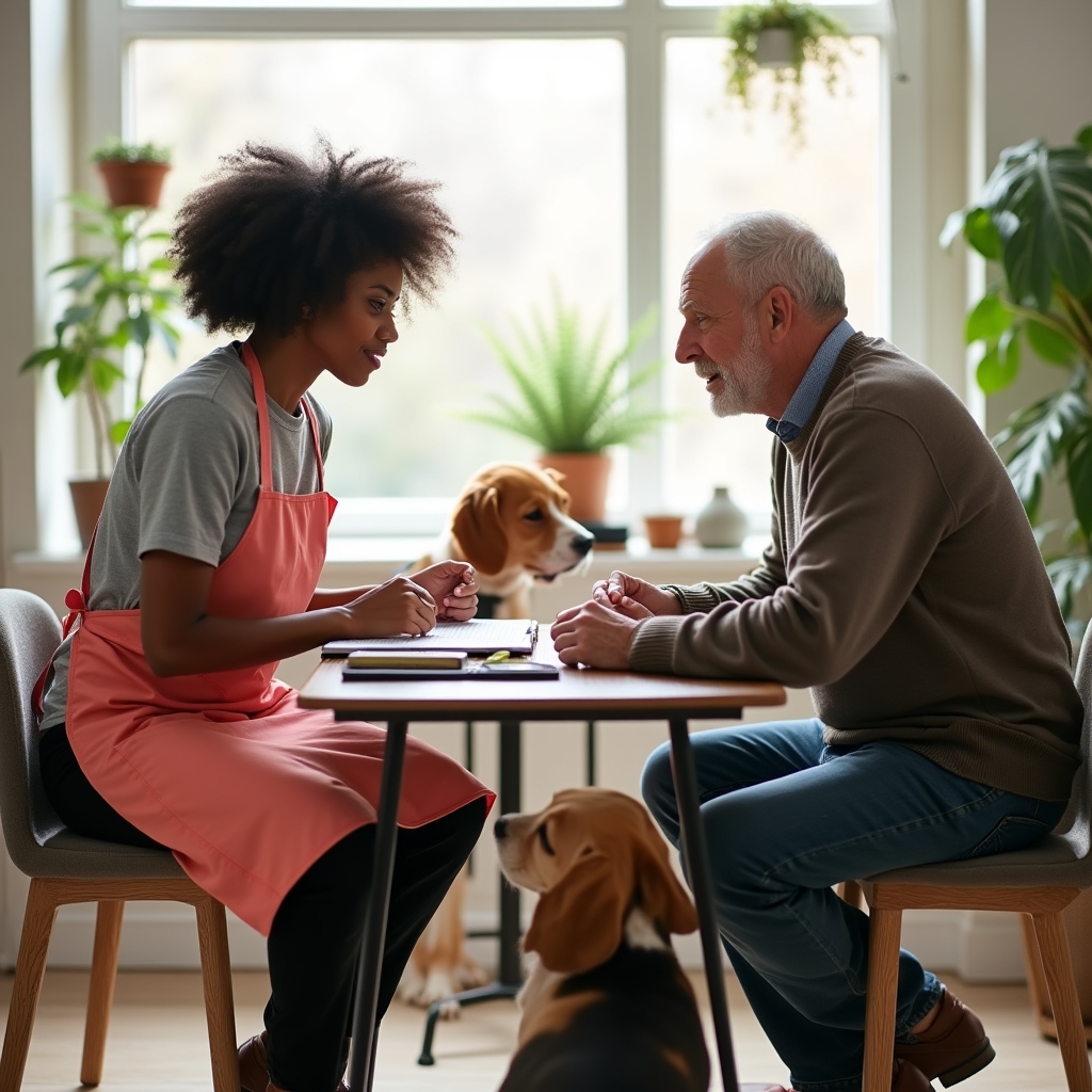 Groomer discussing a pet's grooming needs with its owner before the appointment