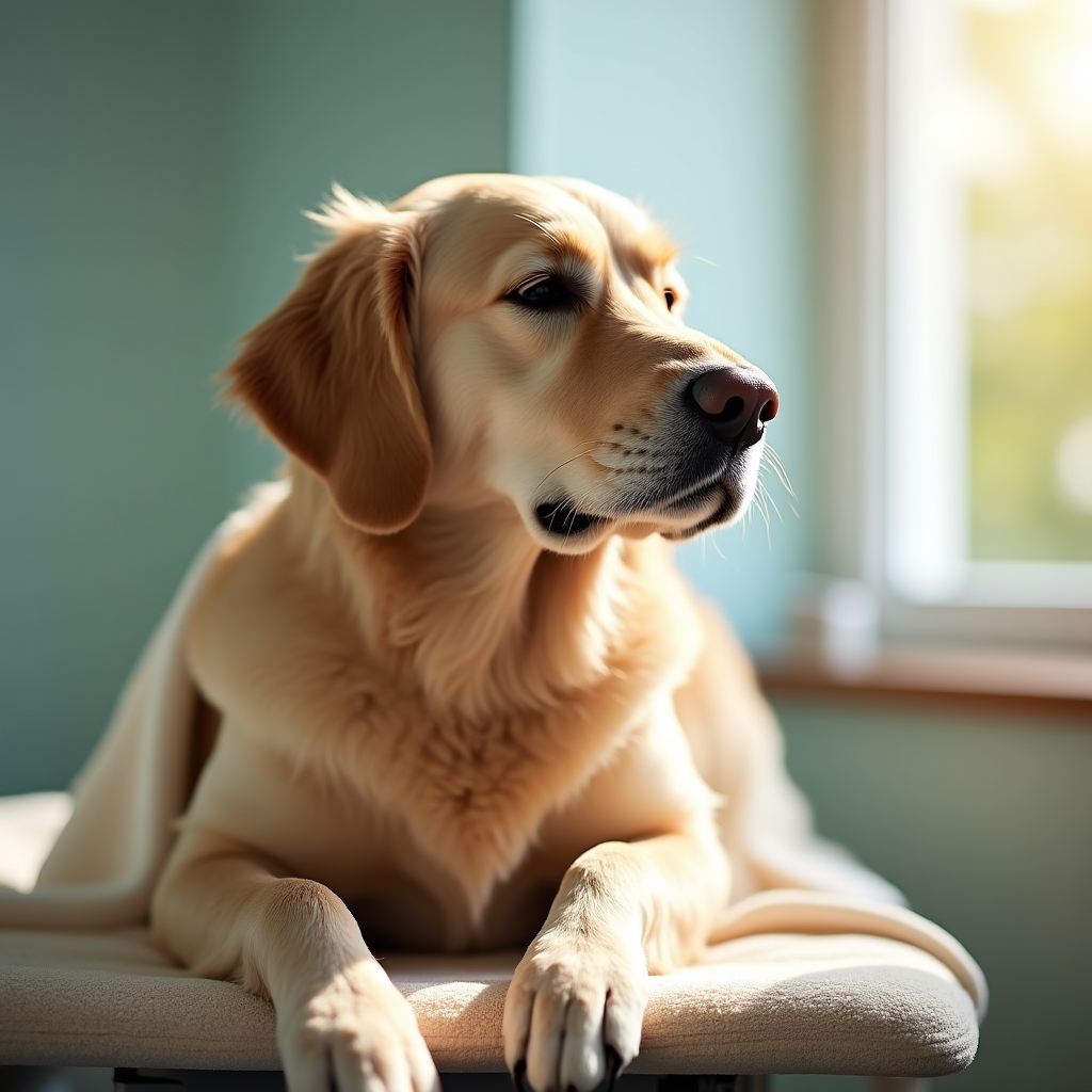 Senior golden retriever sitting calmly wrapped in a towel on a grooming table