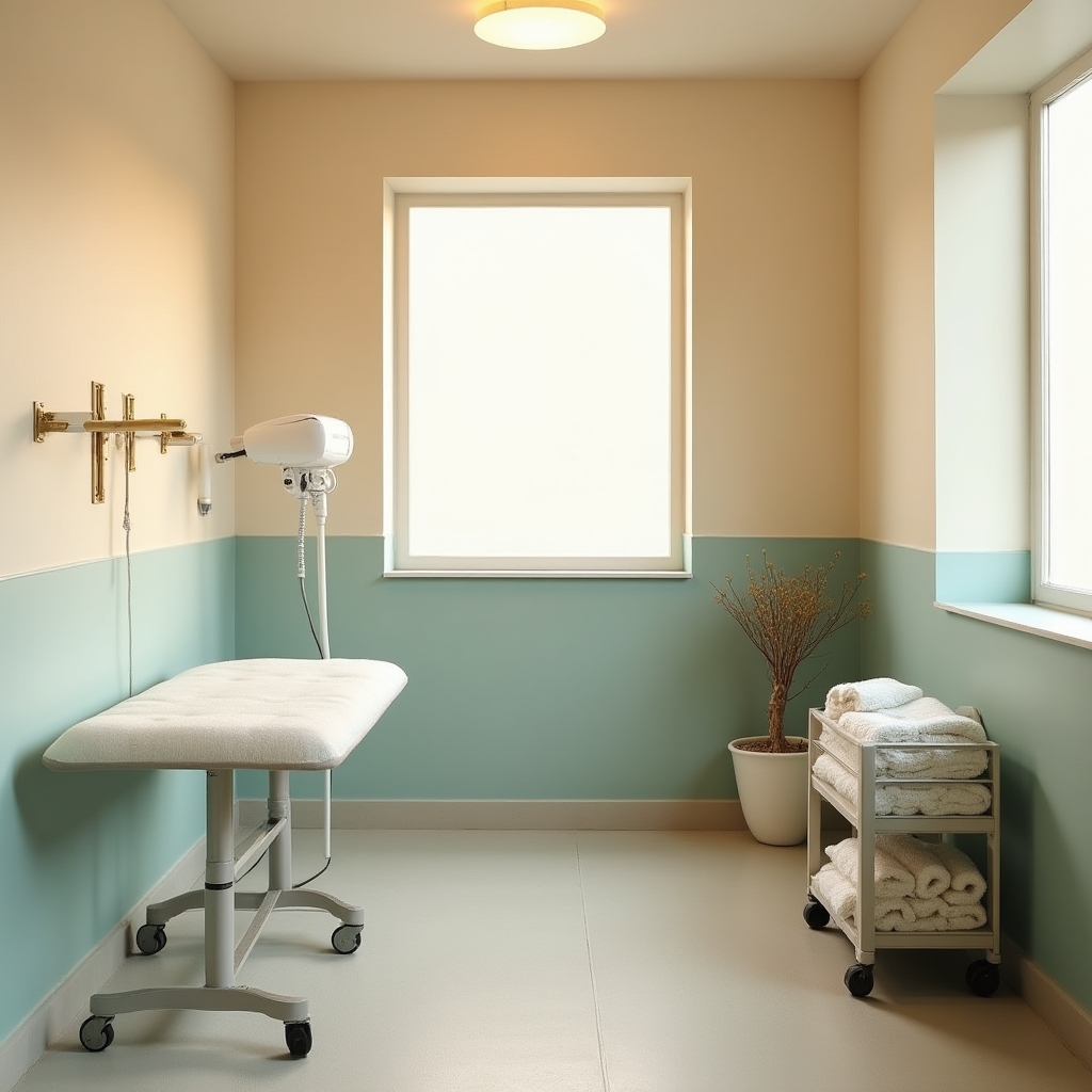 Interior view of a quiet, minimally equipped grooming room designed to reduce noise and sensory overload