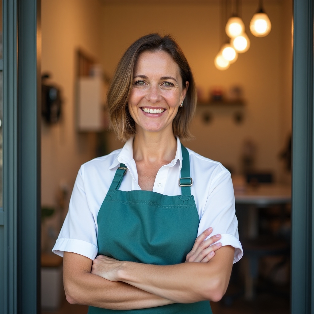 Portrait of Lena Marsh, lead groomer and studio founder, standing in the grooming studio