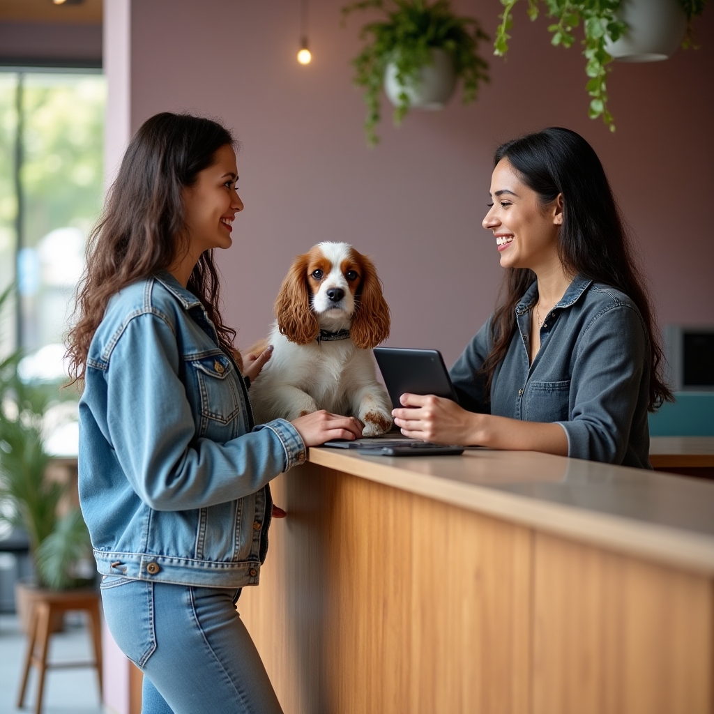 Pet owner checking in a dog at the front desk of a calm, softly lit grooming studio reception area